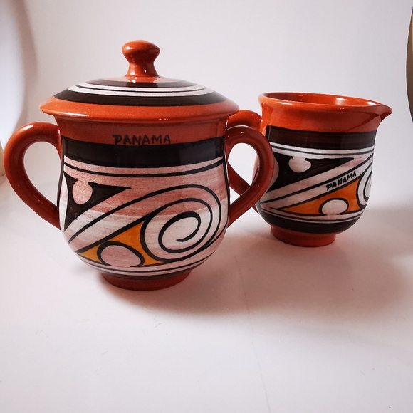 Vintage Red Clay Pottery Cream and Sugar Abstract Brown White Mustard Colour - Picture 9 of 16